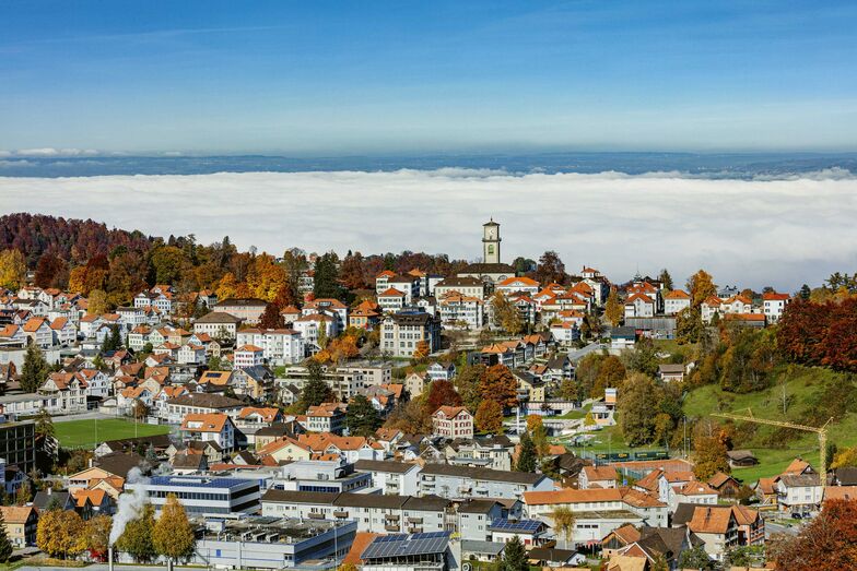 Vue sur la commune avec une mer de brouillard sur le lac de Constance.