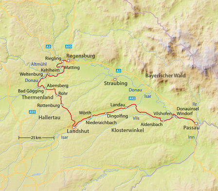 Reiseroute von Passau nach Regensburg.