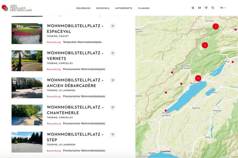 En cherchant des emplacements pour camping-cars sur la page touristique des cantons de Neuchâtel et du Jura (www.j3l.ch), on trouvera différentes places temporaires ou provisoires.