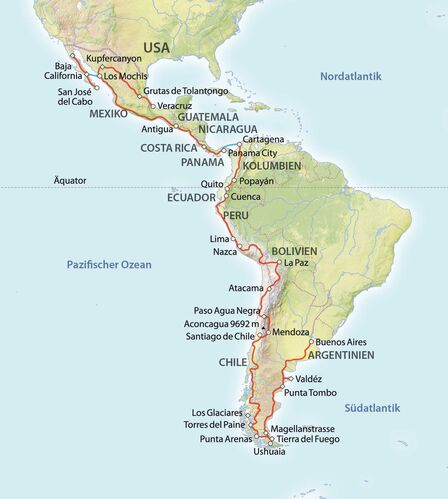 Die Panamericana verbindet Feuerland mit Alaska, erstreckt sich also über die gesamte Nord-Süd-Ausdehnung des amerikanischen Kontinents. Die Panamericana passiert viele Klimazonen, sowohl dichten Dschungel als auch Pässe des Hochgebirges. Ausserdem durchquert sie 14 bis 19 verschiedene Staaten und ist deshalb weit entfernt von einer einheitlichen Beschilderung und auch Nutzbarkeit. So kann man Teile der Strasse nur in der Trockenzeit befahren, in anderen ist die Benutzung das ganze Jahr über gefährlich.  Gerade die Passagen in Süd- und Mittelamerika machen viele Reisende gerne in einer betreuten Gruppe. Dabei wird bei der hier beschriebenen Reise nicht im Konvoi, sondern einzeln gefahren. Aber am Abend trifft man sich zur gemeinsamen Übernachtung, und bei Problemen oder Pannen ist man nicht ganz auf sich alleine gestellt. 