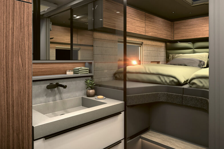 La séparation vitrée entre la chambre et la grande salle de bains devient opaque par simple pression d’un bouton.