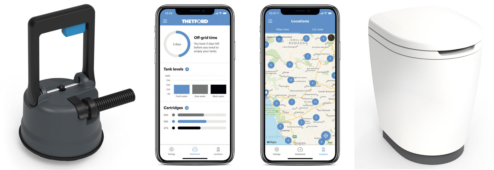 Le système complet comprend le module d’élimination, l’application qui donne des informations sur l’approvisionnement en eau et les possibilités d’élimination ainsi que les toilettes avec broyeur.